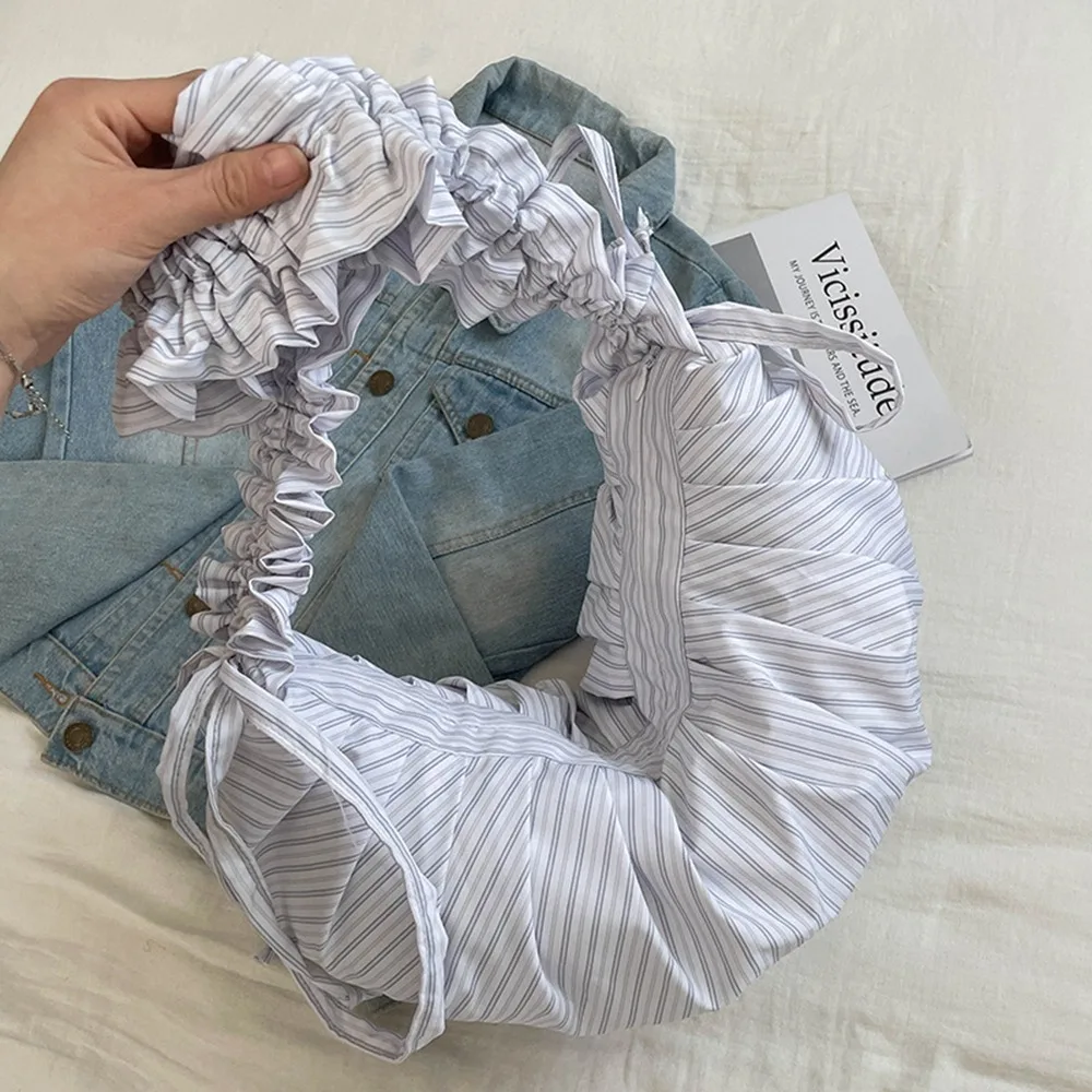 

Korean Style Drawstring Shoulder Bag Lightweight Dumpling Bag Lace Crossbody Bag Large Capacity Ballet Style Stripe Pleated Bag