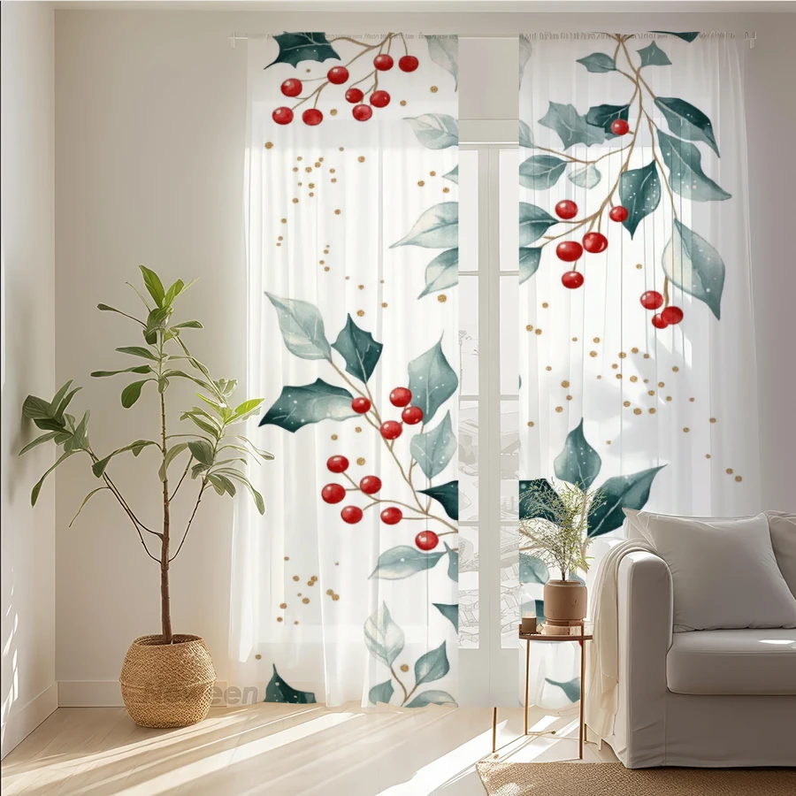 2PCS Christmas Sheer Curtains, Holly Leaf Red Berry, Digital Print, Bedroom Living Room, Rod Pocket Polyester, Home Decor