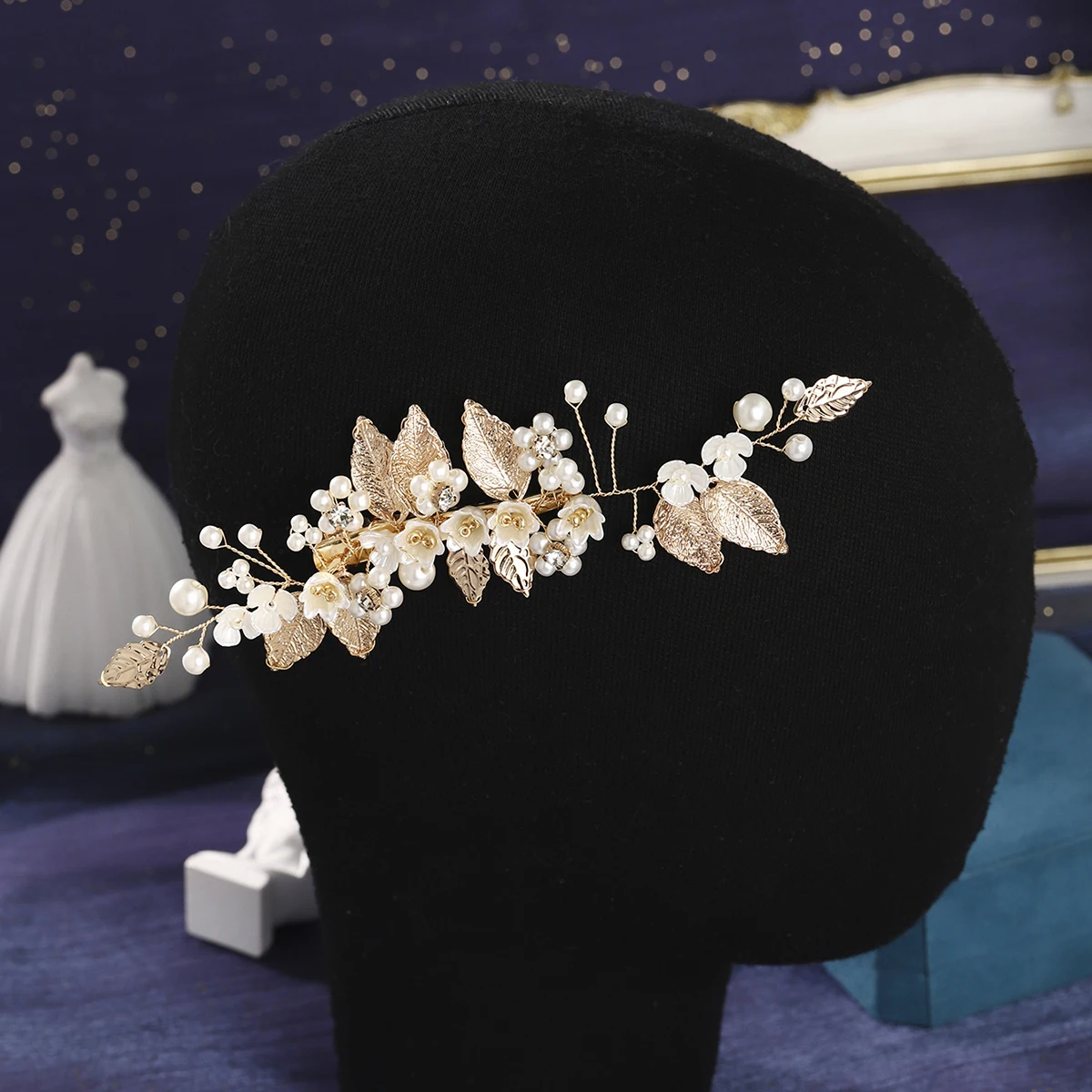 مشبك شعر لؤلؤي للعروس، دبوس شعر أنيق على شكل أوراق معدنية كلاسيكية، إكسسوارات شعر نسائية عصرية كهدية #2