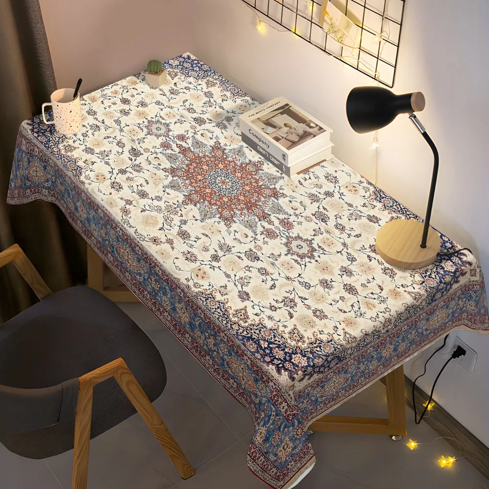 1pc Persian floral printed tablecloth, elegant beige base with blue polyester fabric