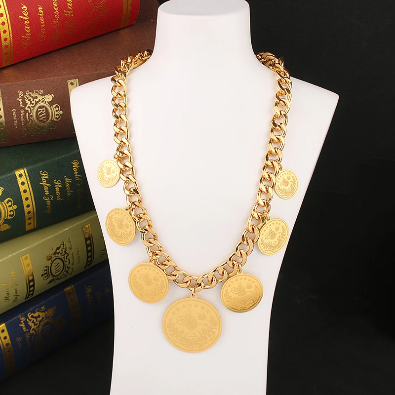 

Dicai-18K Gold Plated Long Necklace Pendant, Large Coin, Turkish Flower Link, Thick Chain, Wedding Jewelry, Ladies Accessories