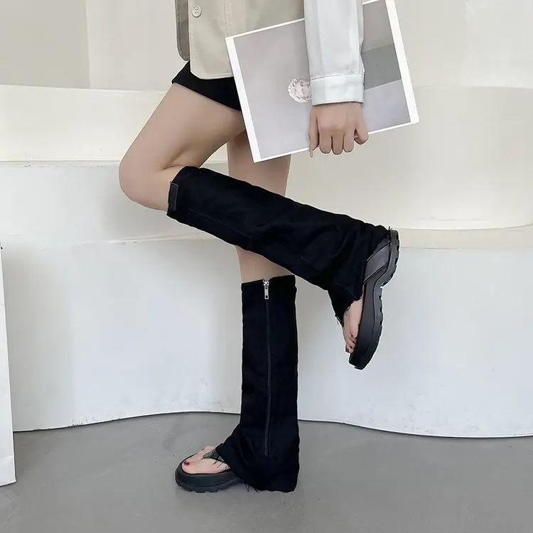 2023 New Women Boots Dark StyleJeans Knee-High Summer Slip-On  Round Toe Slipper Boots Styeet Style