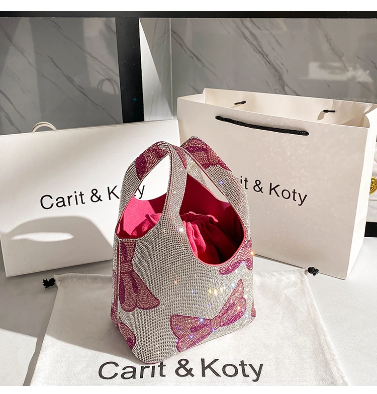 Glitter Shiny Rhinestones Diamond Evening Clutch Purse Cute Cartoon Bow Knot Printing Bucket Bag Women\'s Handbag Shoulder Bag