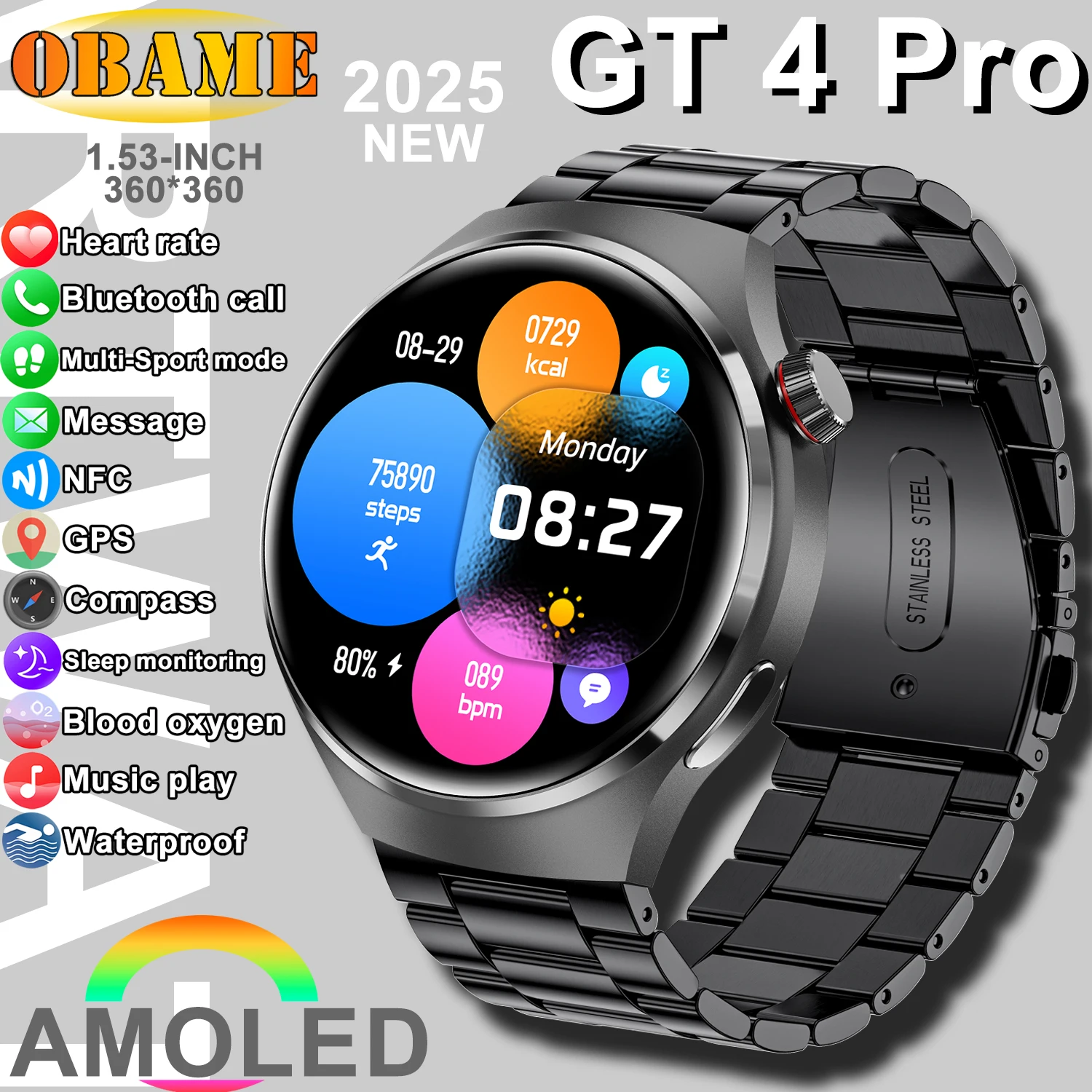 GT4 Pro Smart Watch Men AMOLED Screen SmartWatch Compass NFC GPS Tracker Multi-Sports mode Heart rate IP68 Waterproof Smartwatch