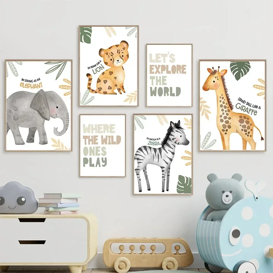 Giraffe Elephant Lion Zebra Boho Nursery Posters And Prints Wall Art Canvas Painting Cartoon Wall Pictures Baby Kids Room Decor