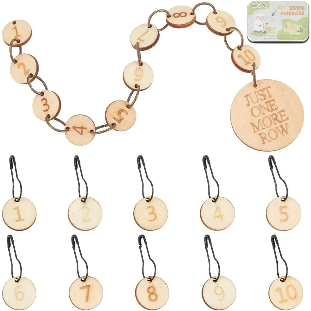 

1 Pc Wood Knitting Row Counter Chains and 1-10 Number Stitch Makers Crochet Charms Stitch Makers with Self Adhesive Paper Labels