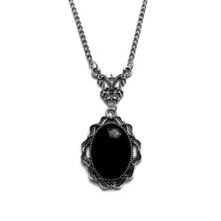 Gothic Victorian Cameo Black Cabochon Glass Pendant Necklace, Romantic Valentine Gift