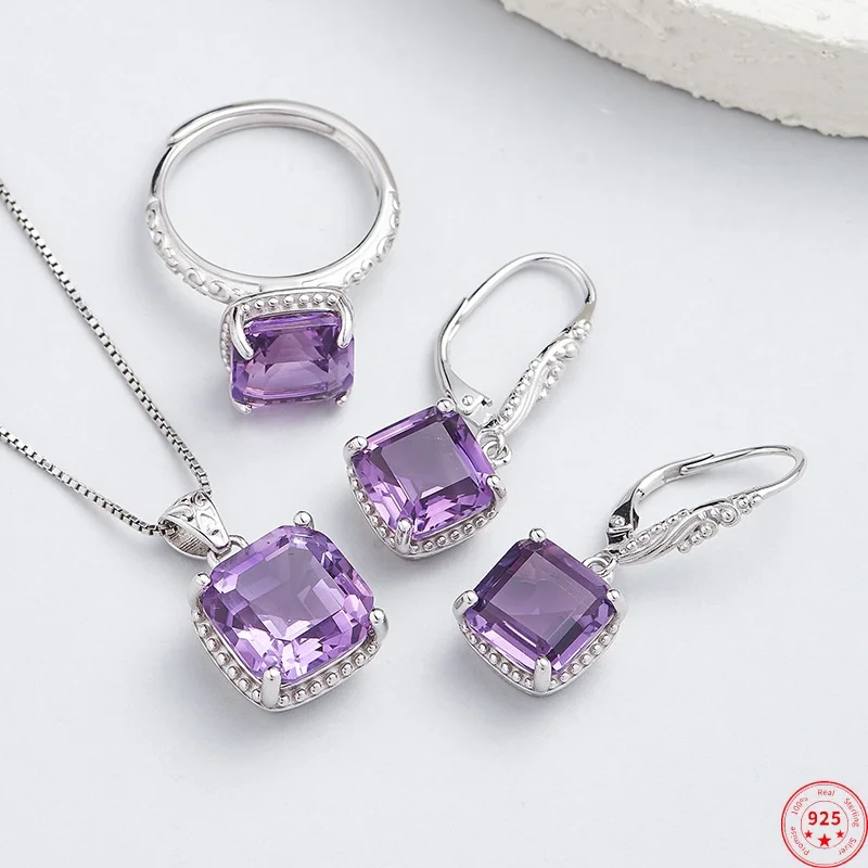 

Комплект ювелирных изделий из стерлингового серебра 925 пробы для женщин, квадратный натуральный аметист, кулон, серьги-гвоздики, кольцо, модные ювелирные изделия, оптовая продажа