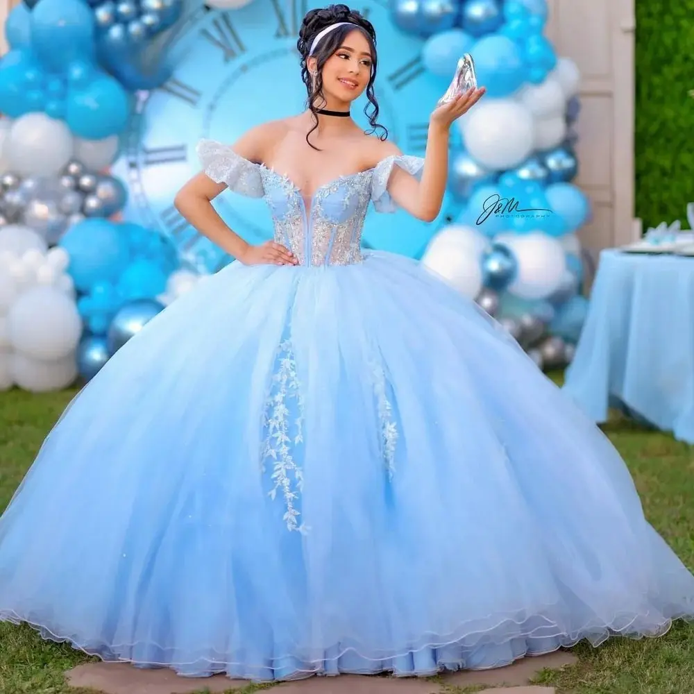 فستان Quinceanera باللون الأزرق السماوي 2024 المكسيكي 15 الأميرة الحلو 16 فستان فتاة سندريلا لعيد الميلاد مخصص