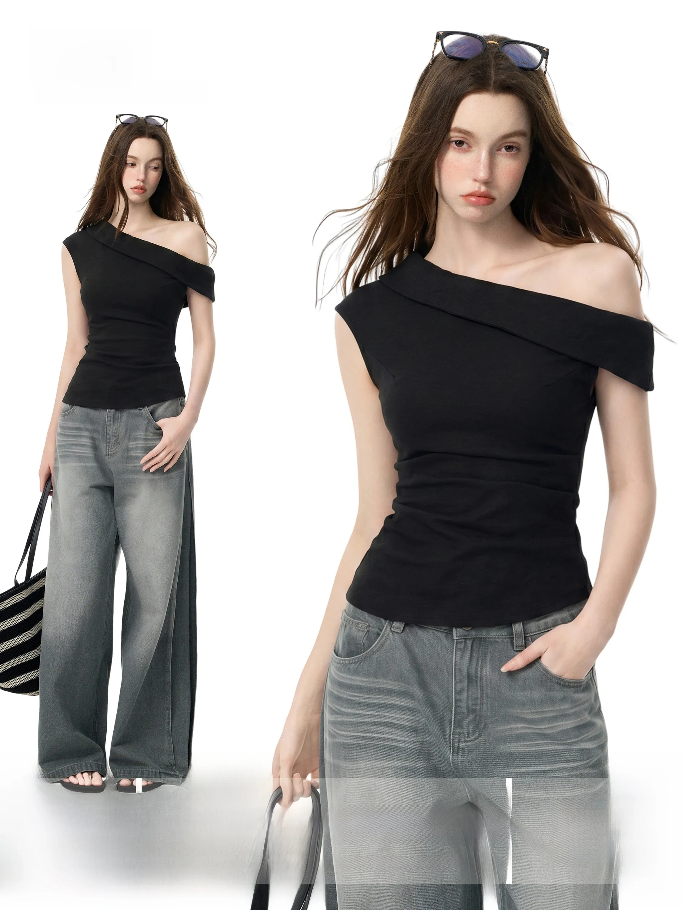 Slim Fit Short Sleeve T-Shirt Women's Summer New Style Hot Girl Design Shoulder Baring Waist Cinching Slimming Short Length Top