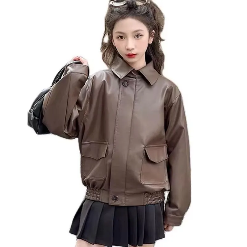 New Spring Child Faux Leather Jacket for Girls Luxury Brown PU Jacket Coat For Teens Clothing Age 5 6 7 8 9 10 11 12 13 14 Years