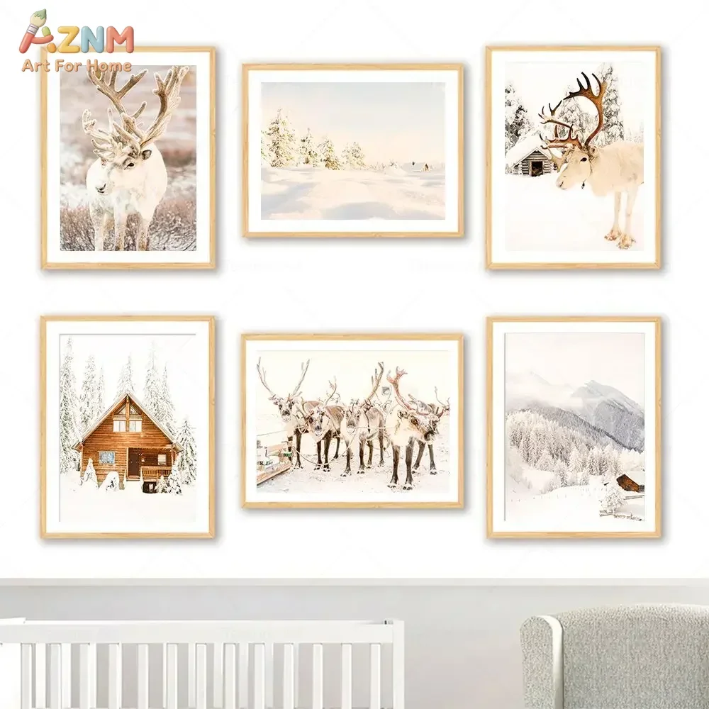 AZNM Neutral Winter Reindeer Canvas Wall Art, Snow Pine Forest Cabin Landscape Print, Soft Light Boho Christmas Scenery Poster S