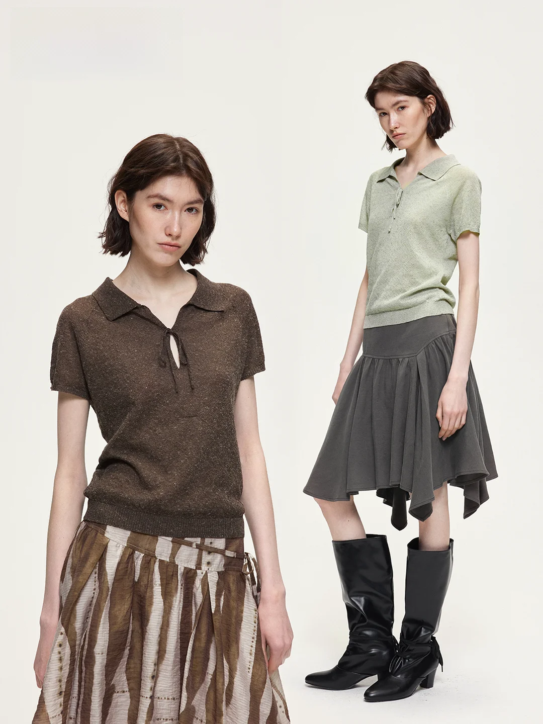

Acosoy Original Design Cotton Linen Blend Short Knitted Top with Tie Neck Women's Fashion Spring Summer Casual Wear
