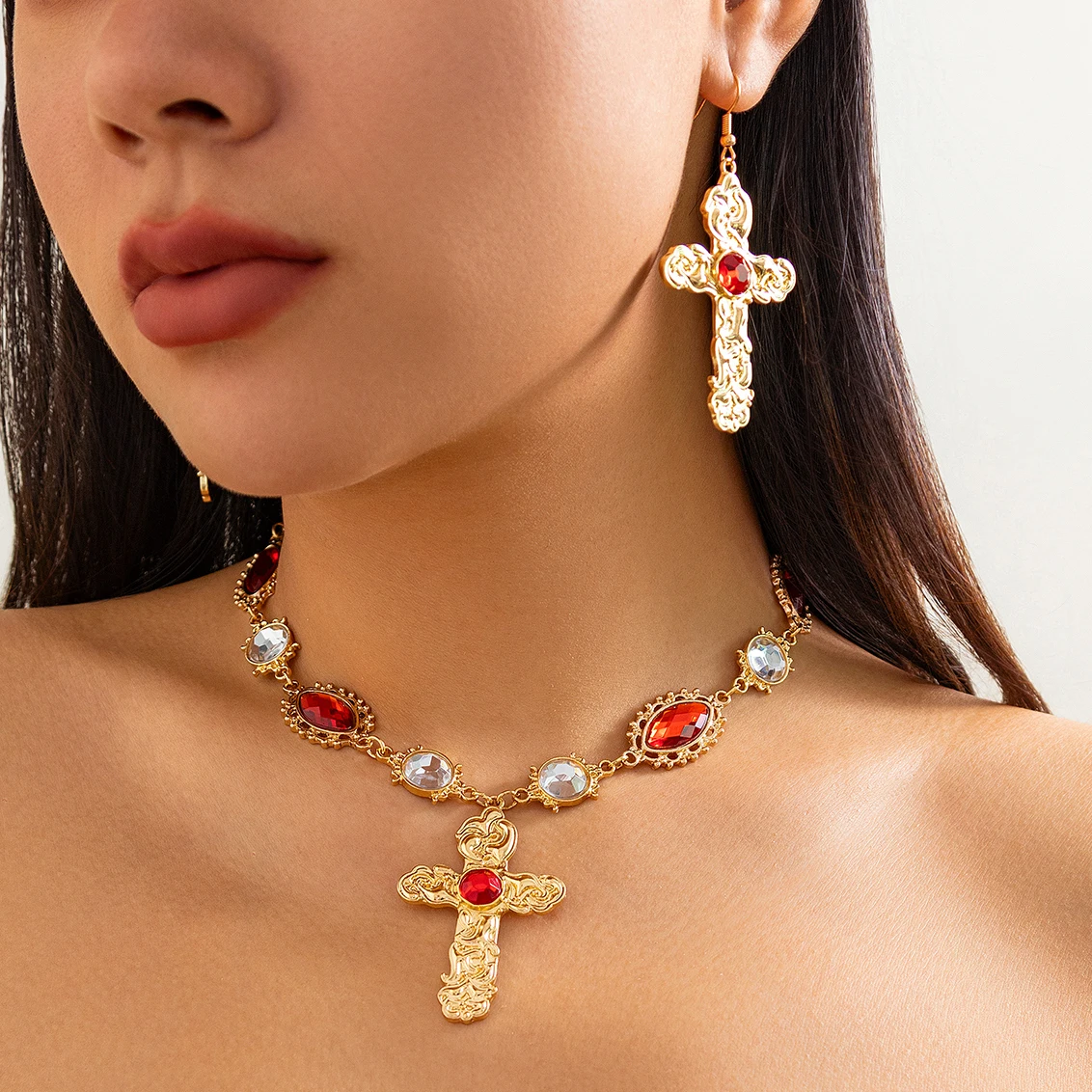 

IngeSight.Z Vintage Charm Red Crystal Choker Cross Pendant Necklace Drop Earrings Set for Women Party Banquet Jewelry Sets