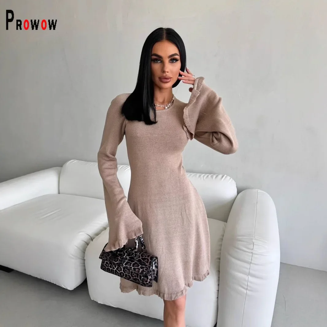 

Prowow Sexy Backless Women Dress Ruffle Flare Sleeve Fall Winter Slim Fit Female Knitted Clothing Solid Color Dresses Vestidos