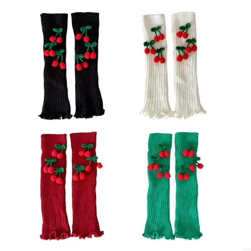 

H58E Women's Christmas Knit Leg Warmers with Cherry Bowknot Decoration Festival Foot Covers Footless Boot Cuffs Socks