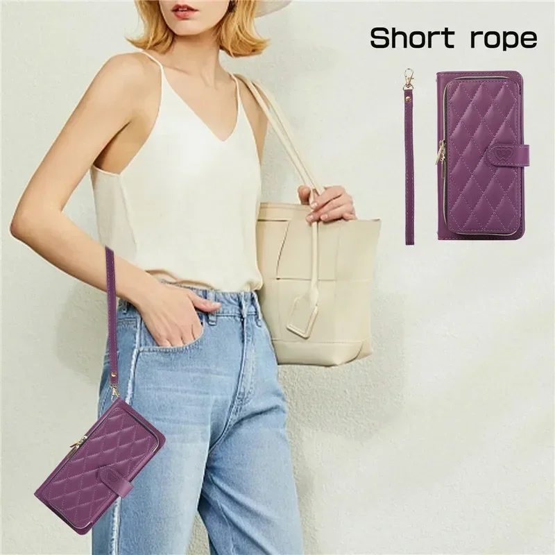 Crossbody Lanyard Zip Leather Wallet Phone Case for Samsung Galaxy S24 S23 Ultra S22 Plus S21 S20 FE S10 Wrist Rope Flip Cover