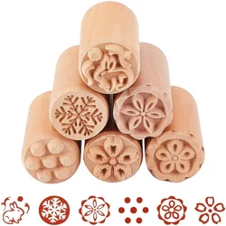 6PCS Wood Stamp Set Flower & Rabbit Shaped Column Wooden Stamps Natural Wood Stamps for Clay Valentine's Day Easter Gift