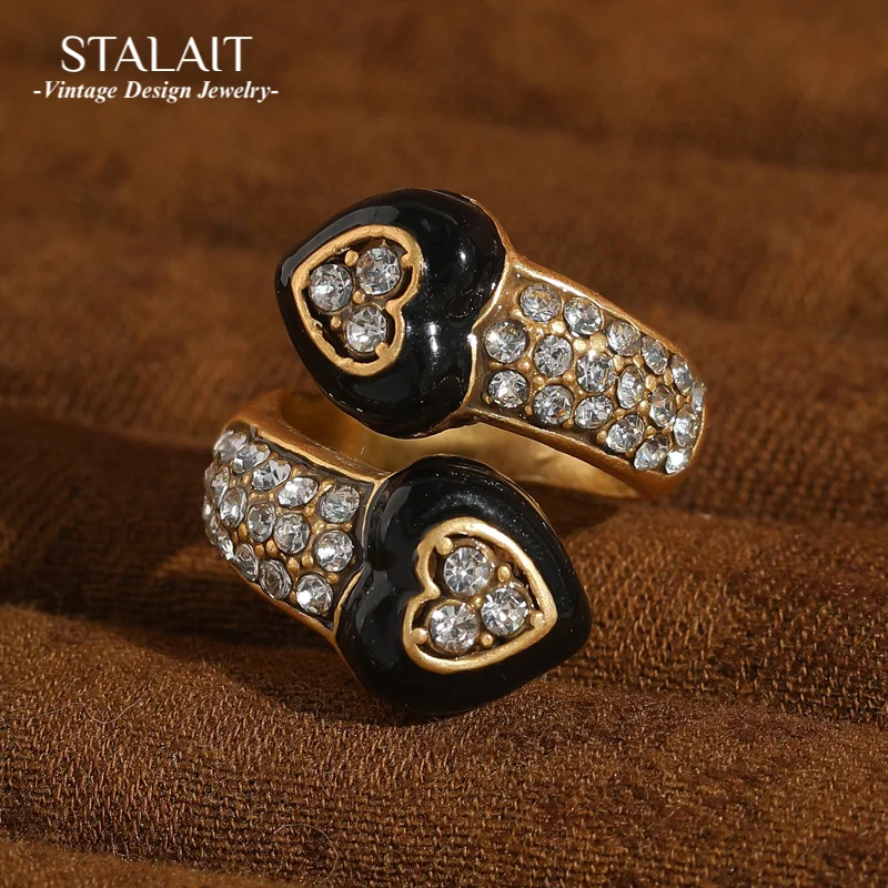 

Vintage Black Heart Ring Woman Rhinestone Open Finger Accessories Drip Oil Antique Gold Color Luxury High Quality Jewelry 2025