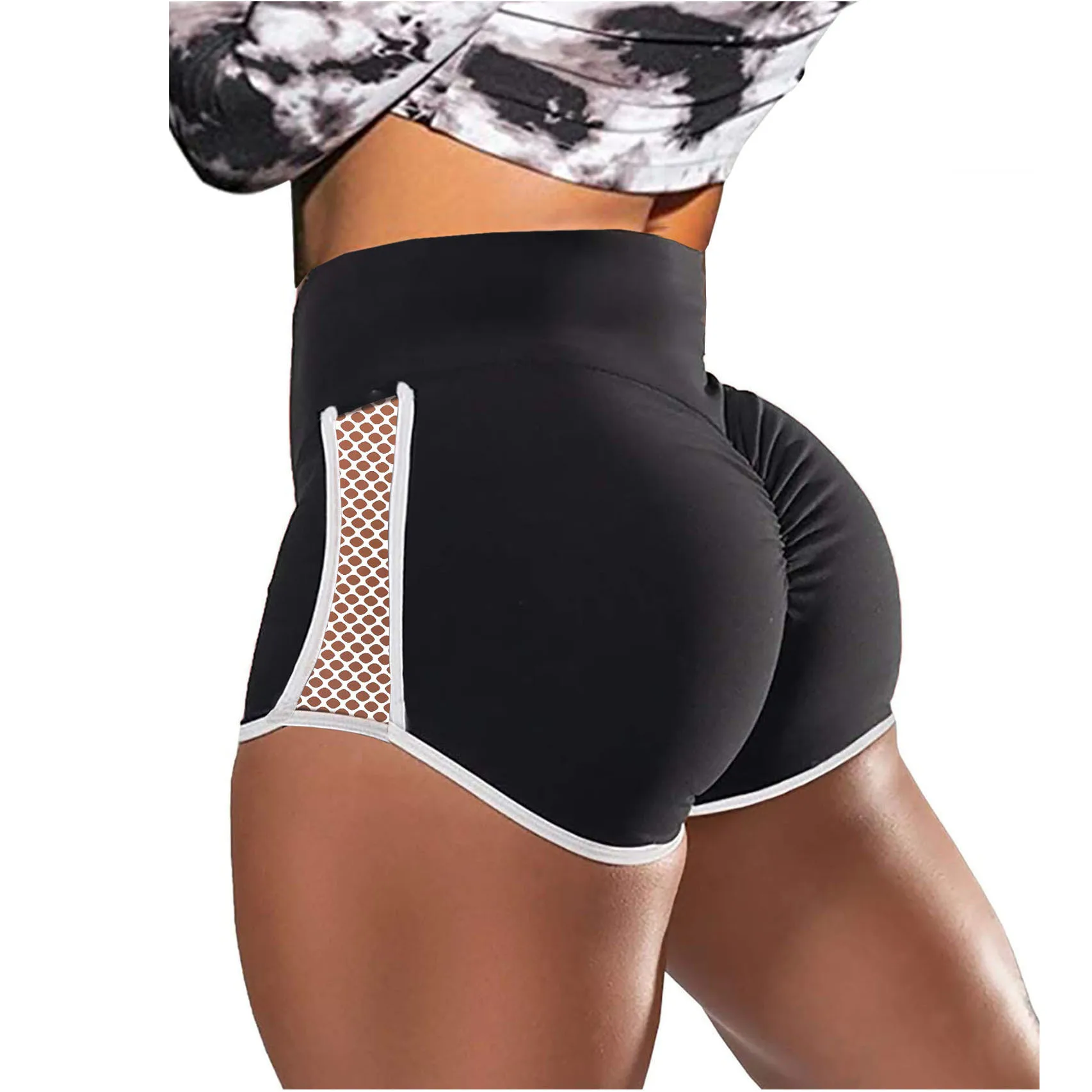 Pantaloncini sportivi scavati laterali a vita alta pantaloni elasticizzati con cuciture da donna Plus Size pantaloni corti neri Slim Fit Run Exercise Yoga