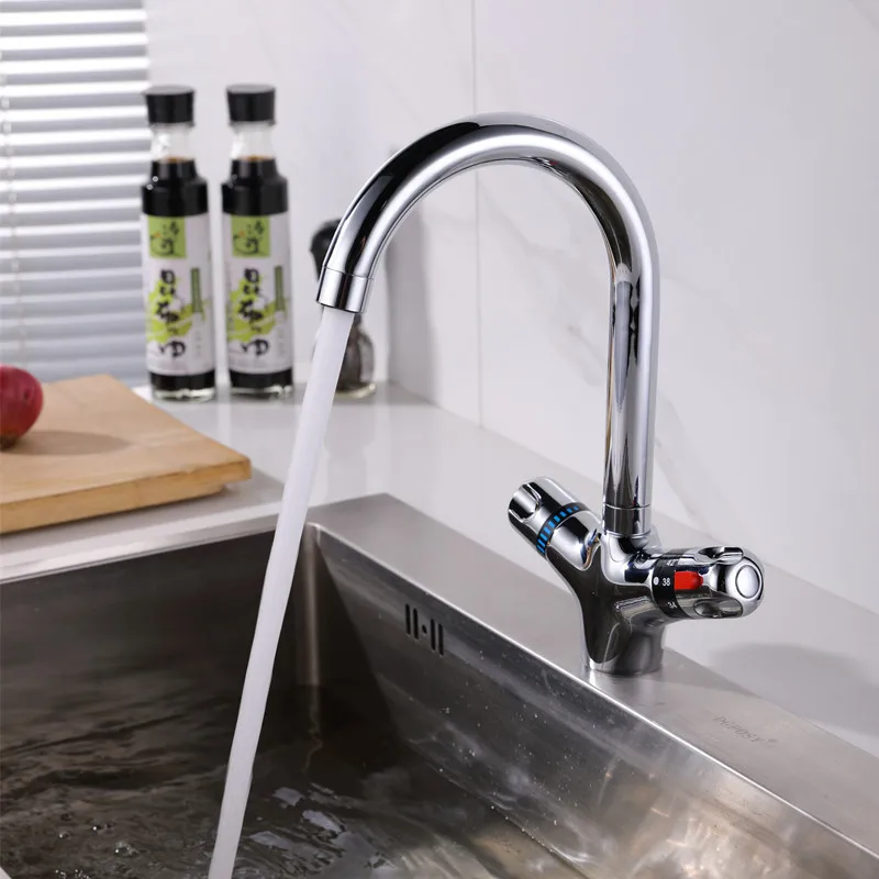 Flexible Thermostatic Faucet for Basin/Kitchen 360 Degree Rotatable Bathroom Mixing Tap Deck Mounted Brass Thermostatic Mixer