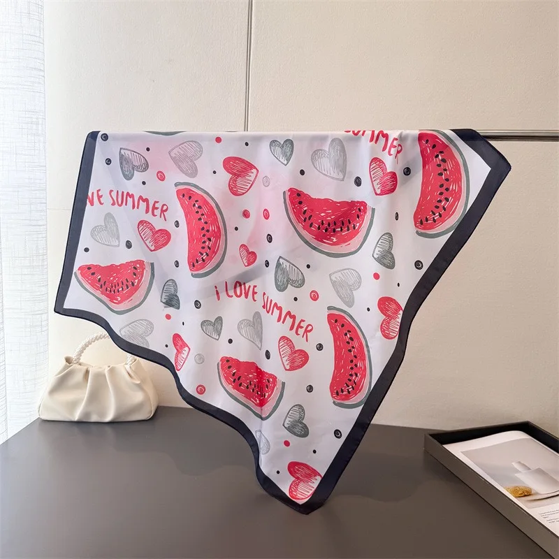 

Love Summer Watermelon Print Square Silk Scarf for Women Hijab Hair Bands 70cm Neckerchief Female Satin Shawl Bandana Headband