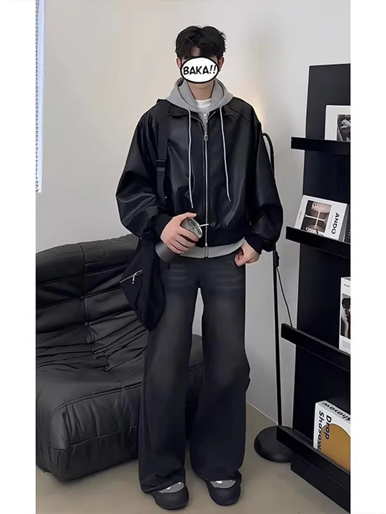 

Bla ort Leather Jaet Men's Sli Nas Haome Cleanfit Biker Jaet High Street Vibe American Motorcycle Clothes