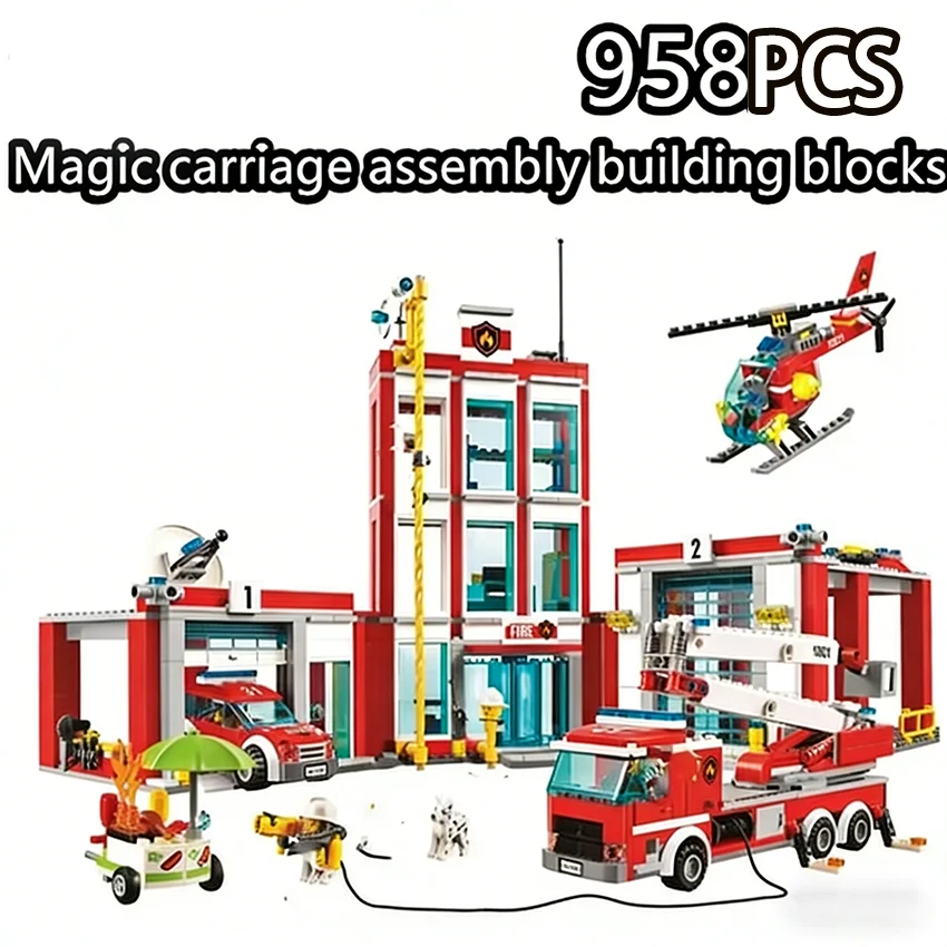 

60110City Fire Station Fighting Trucks Car Helicopter Building Blocks Firehouse Firefighter Bricks Educational Toys Gift For Kid
