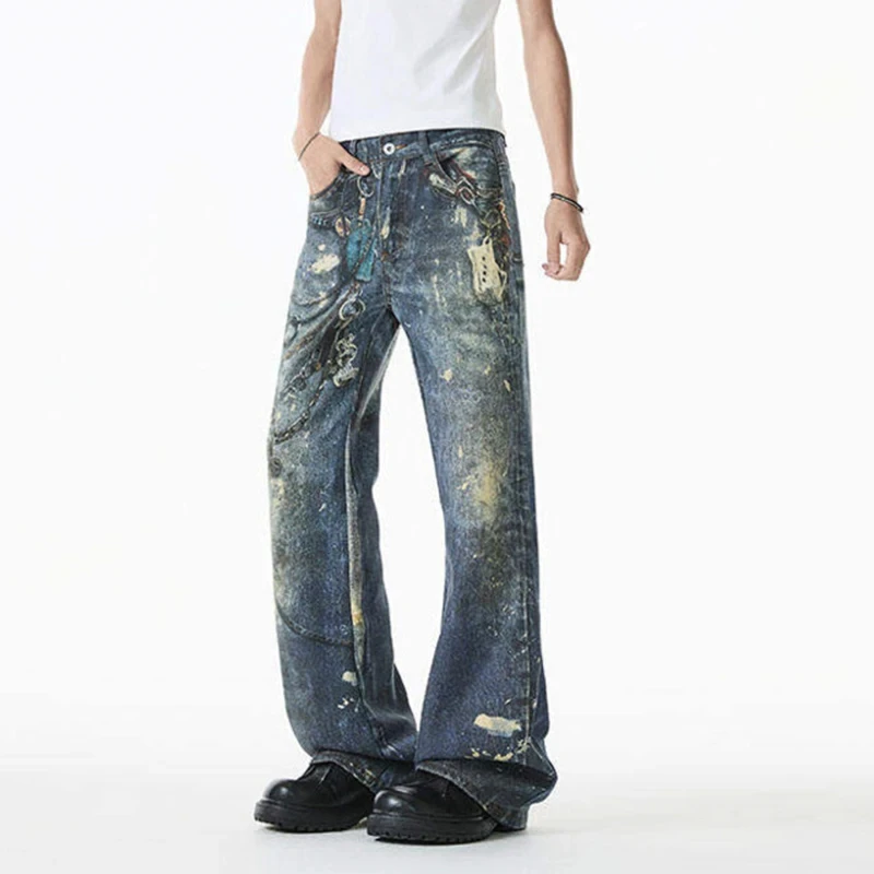 Spring Autumn 2026 Men's Wear Bootcut Jeans American Style Chain Printing Splash-ink Design New Fashion Baggy Men Denim Pants