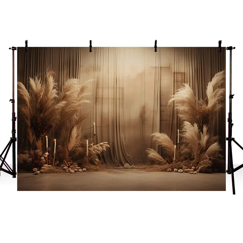 Mehofond Boho Curtain Backdrops Pampas Grass for Newborn Birthday Party Maternity Portrait Background Photography Photo Studio