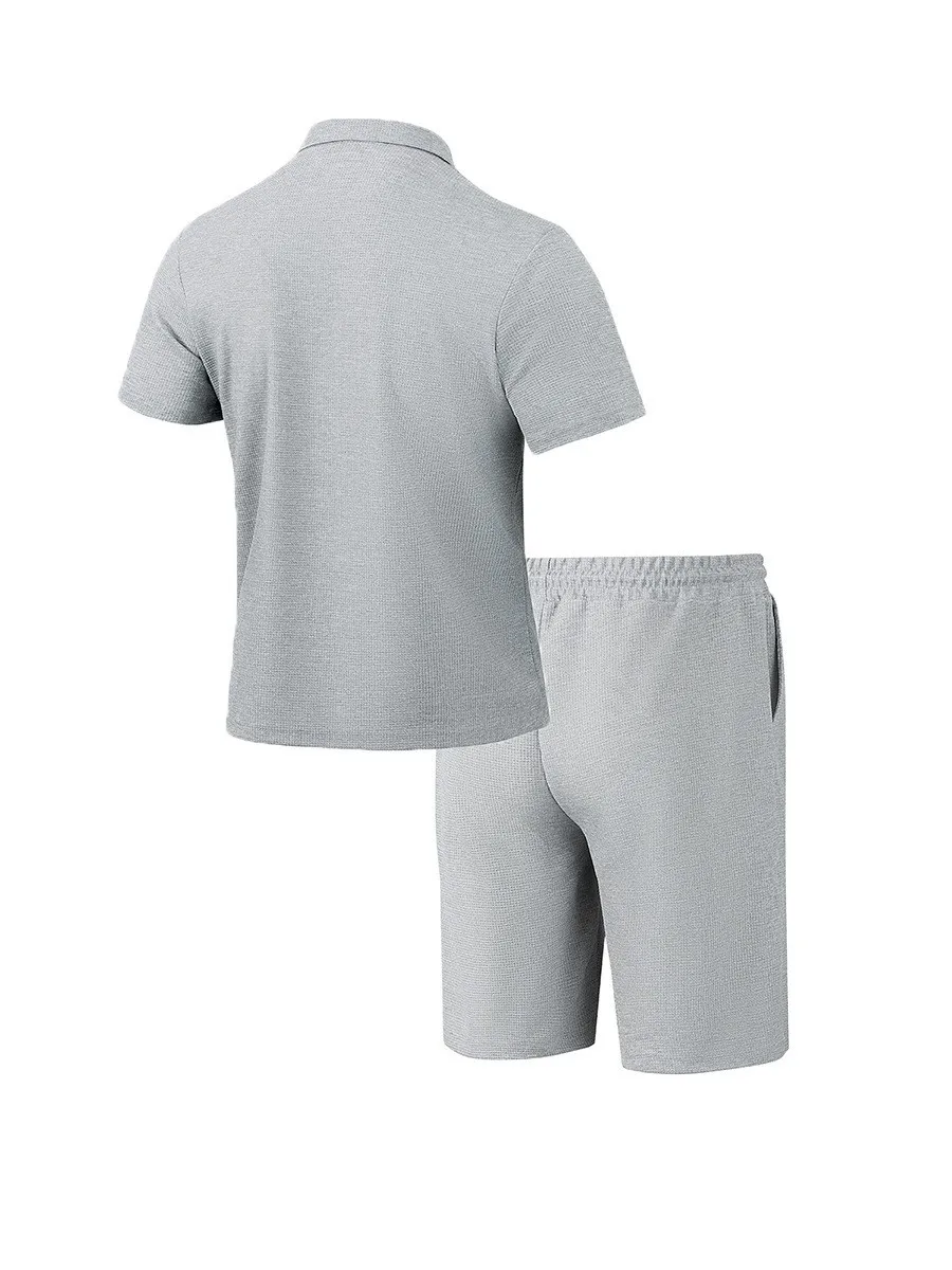 Men's Waffle Knit 2 Piece Outfit Short Sleeve Button Pocket Shirt & Drawstring Casual Shorts Summer Vacation Matching Outfit Set view 2