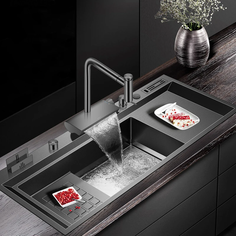 

Digital Black Step Handma Single Bowl Waterfall Handmade Bowl Undermount 304 Stainless Steel Kitchen Sink