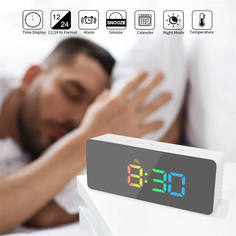 Mirror Alarm Clock Temperature Date 2 Display Mode Night Mode Snooze Table Clock 3 Level Brightness USB LED Digital  Clock