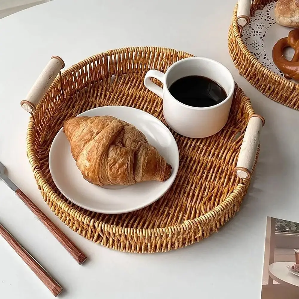 

Food Plate Handwoven Plastic Rattan Storage Tray Round Shape Fruit Vegetable Cake Wicker Rattan Threads Basket With Handle