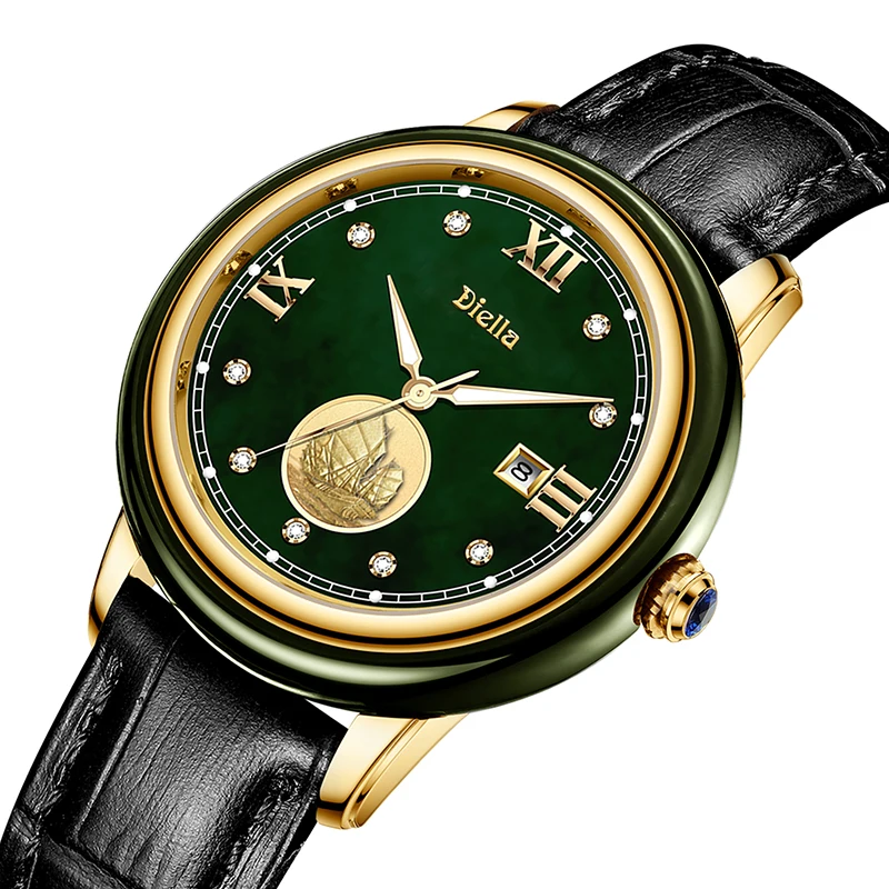 Aivasee Luxury Green Jade Watch for Men with Japanese Miyota Quartz Movement, Leather Strap Mens Analog Waterproof Wrist Watch