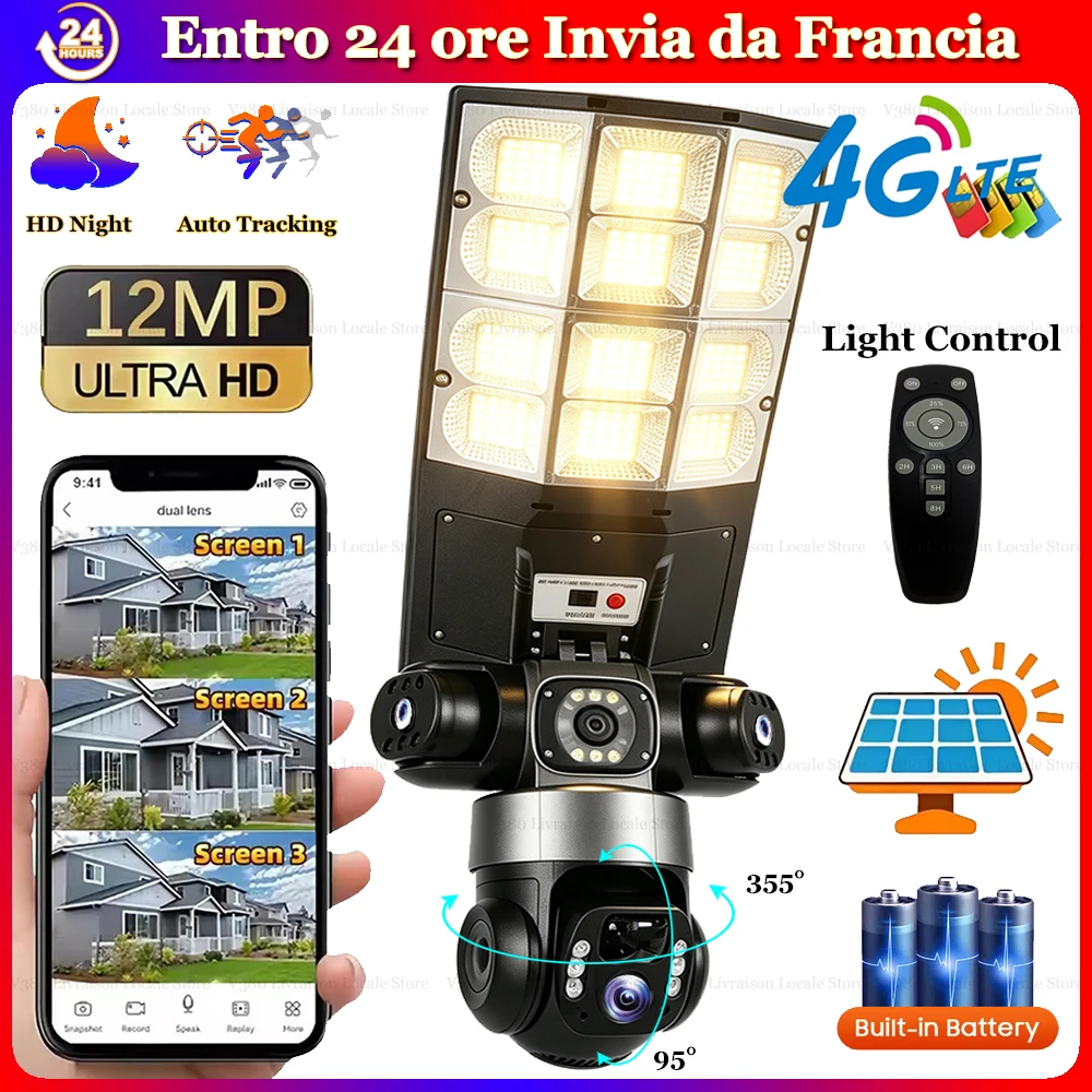 Telecamera Solare 4G con SIM Inclusa, 100M Dati, Telecamere CCTV, Alimentazione Solare, Monitoraggio Wireless Smart Home, IP 4G SIM, 3 Lenti, Telecamera PTZ Esterna con Alimentazione Solare 4G e