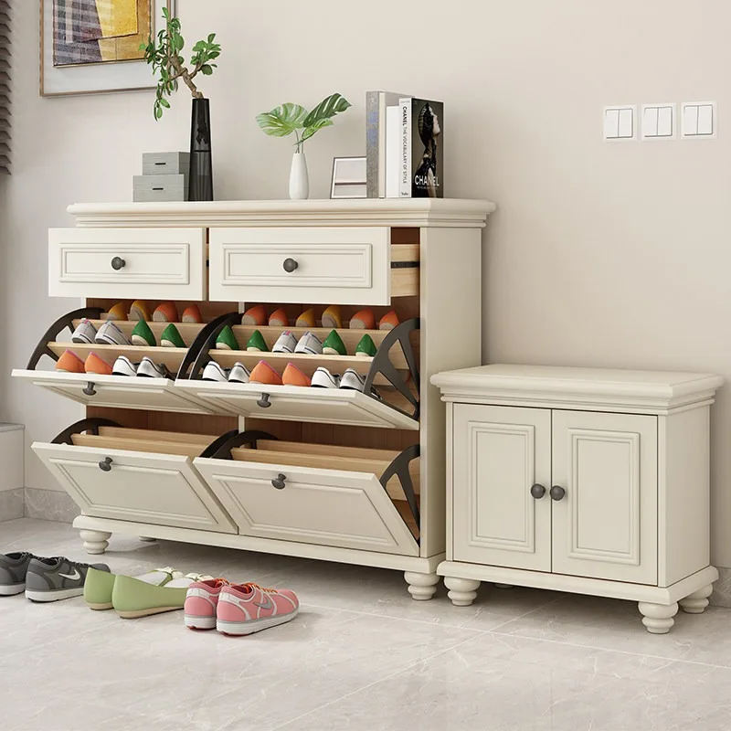 

Solid wood flip-top shoe cabinet, white, minimalist modern entryway cabinet, custom-made foyer shoe cabinet.