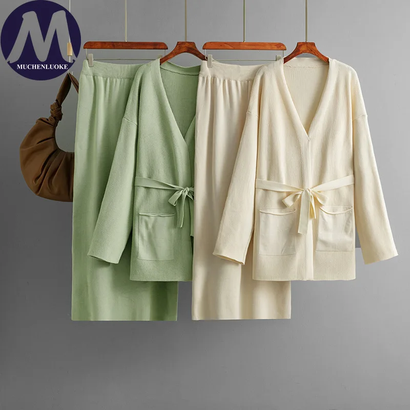 

Комплект из 2 предметов для женщин, осень-зима, новый вязаный свитер с v-образным вырезом на шнуровке и карманами, модные повседневные свободные комплекты юбок с бюстом