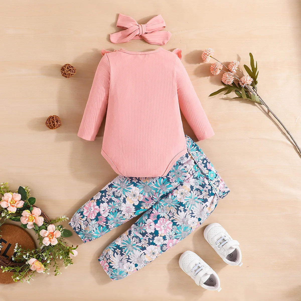 2023 Winter Children Sets Long Sleeve O Neck Ruffles Floral Pants Pink 2 Pcs Roupa Infantil Menina Clothes Sets 0-2T