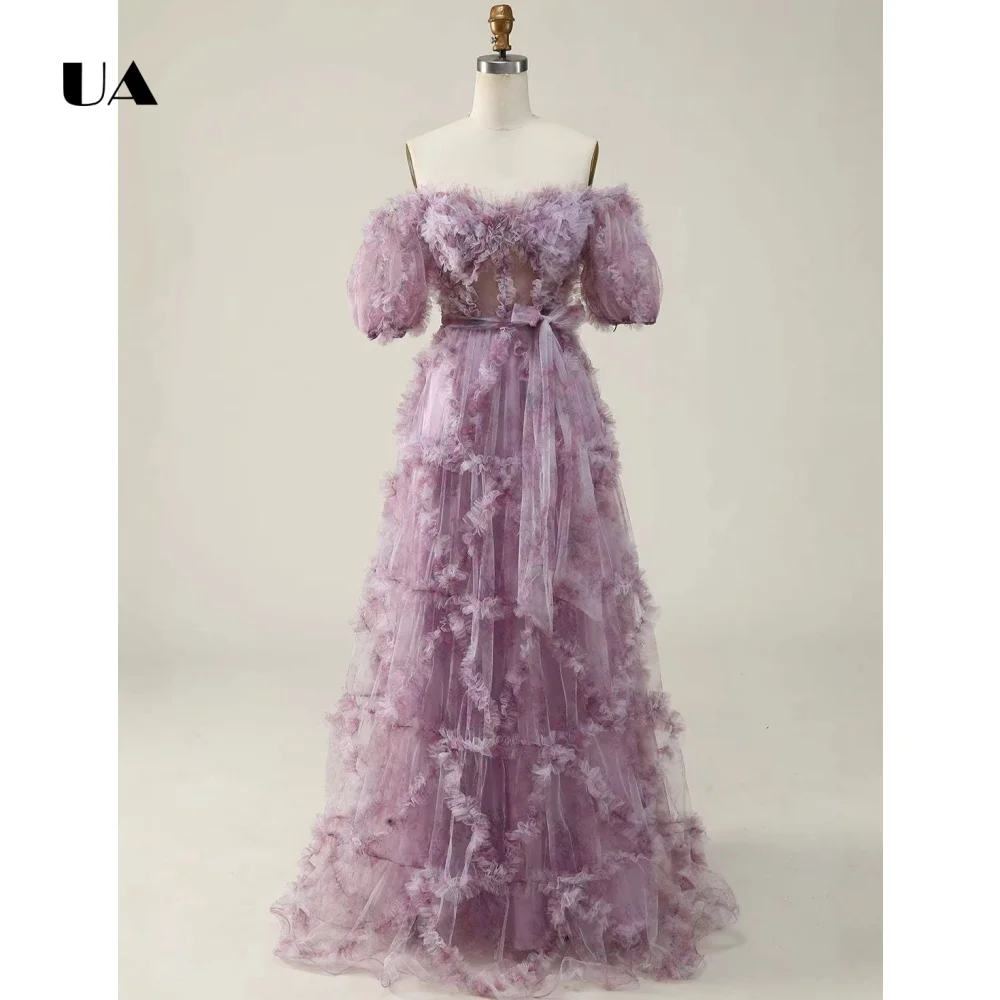 

ULBYANRY Customized A-line Puff Sleeve Evening Dress for Woman Romantic Ruffled Mesh Party Dress Fashionable Backless Ball Gown