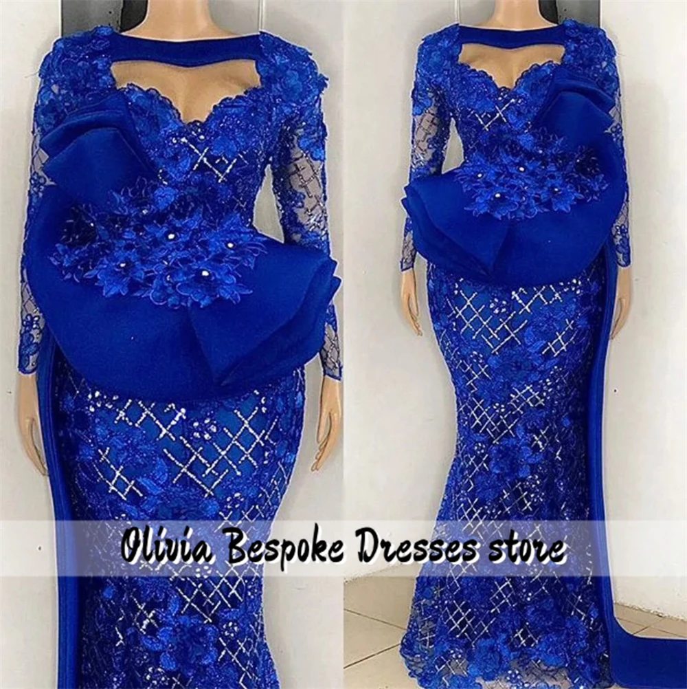 Fancy King Blue Lace Appliques Evening Dresses Aso Ebi Long Sleeves African Mermaid Nigerian Woman Dress For Special Occasions