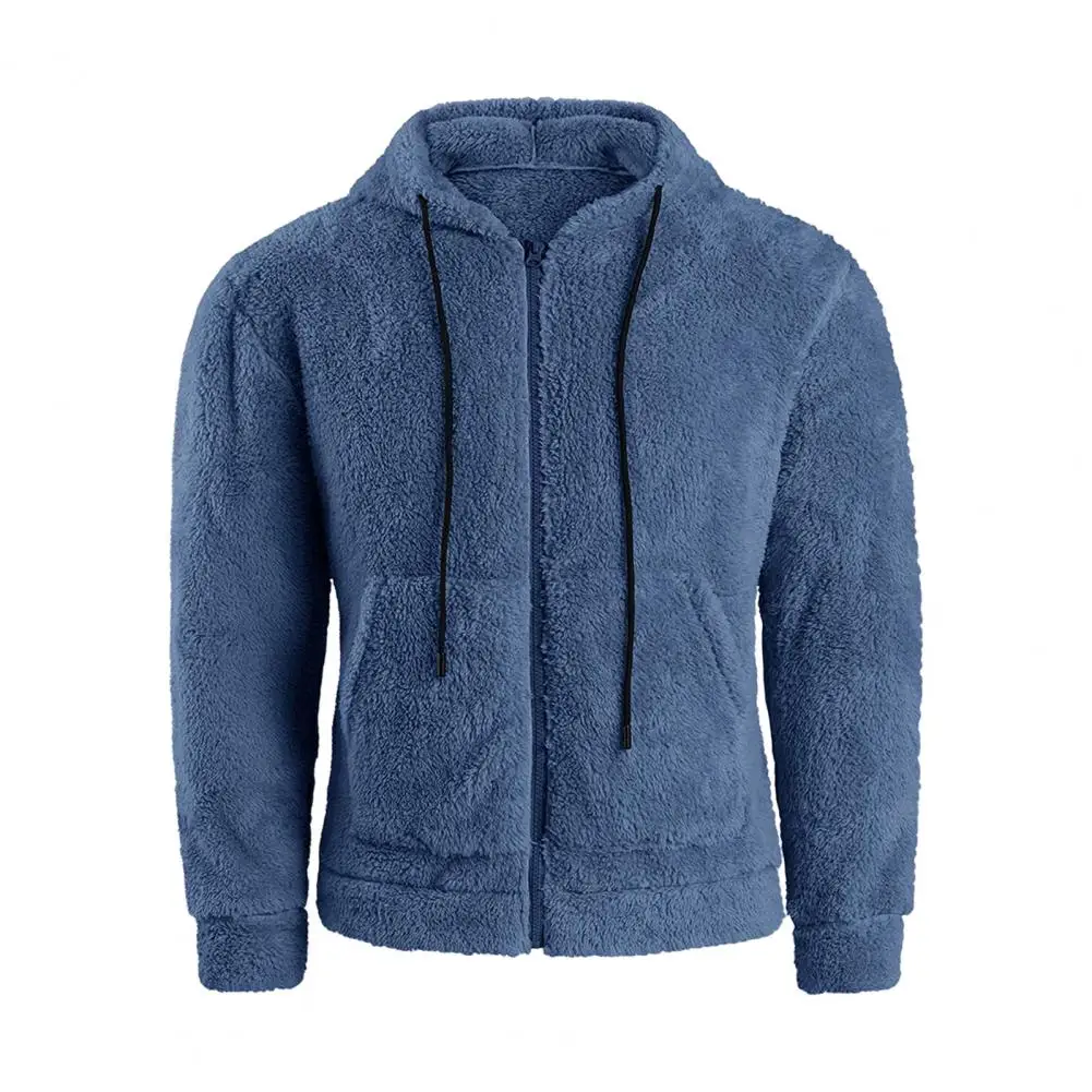Winter Outdoor Coat Men's Winter Hooded Sweater with Zip-up Drawstring Pockets Thick Plush Solid Color Cardigan for Outdoor