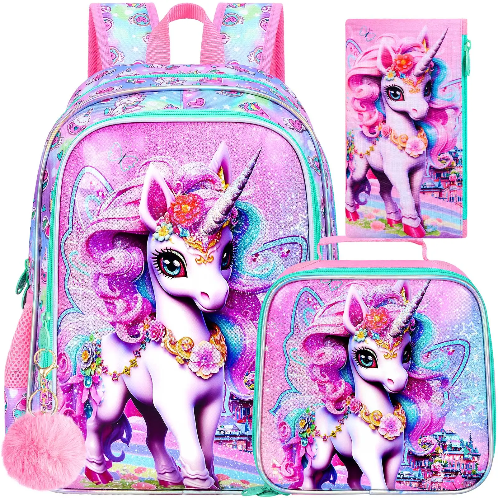

Набор из 3 предметов: рюкзак с единорогом, водонепроницаемый школьный рюкзак для девочек с ланч-боксом, милый детский ранец для дошкольников и малышей.