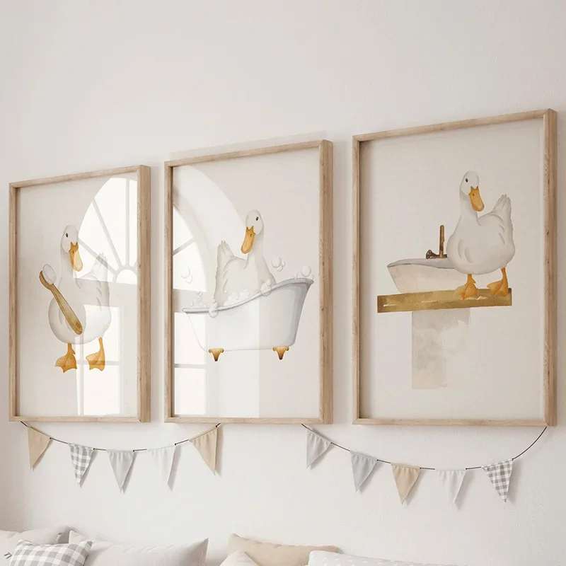 3PCS Duck Bathroom Poster Kids Bath Decor  Children's Room Cartoon Animal Wall Art  Wall Decor  Canvas Paintings for Room Dec