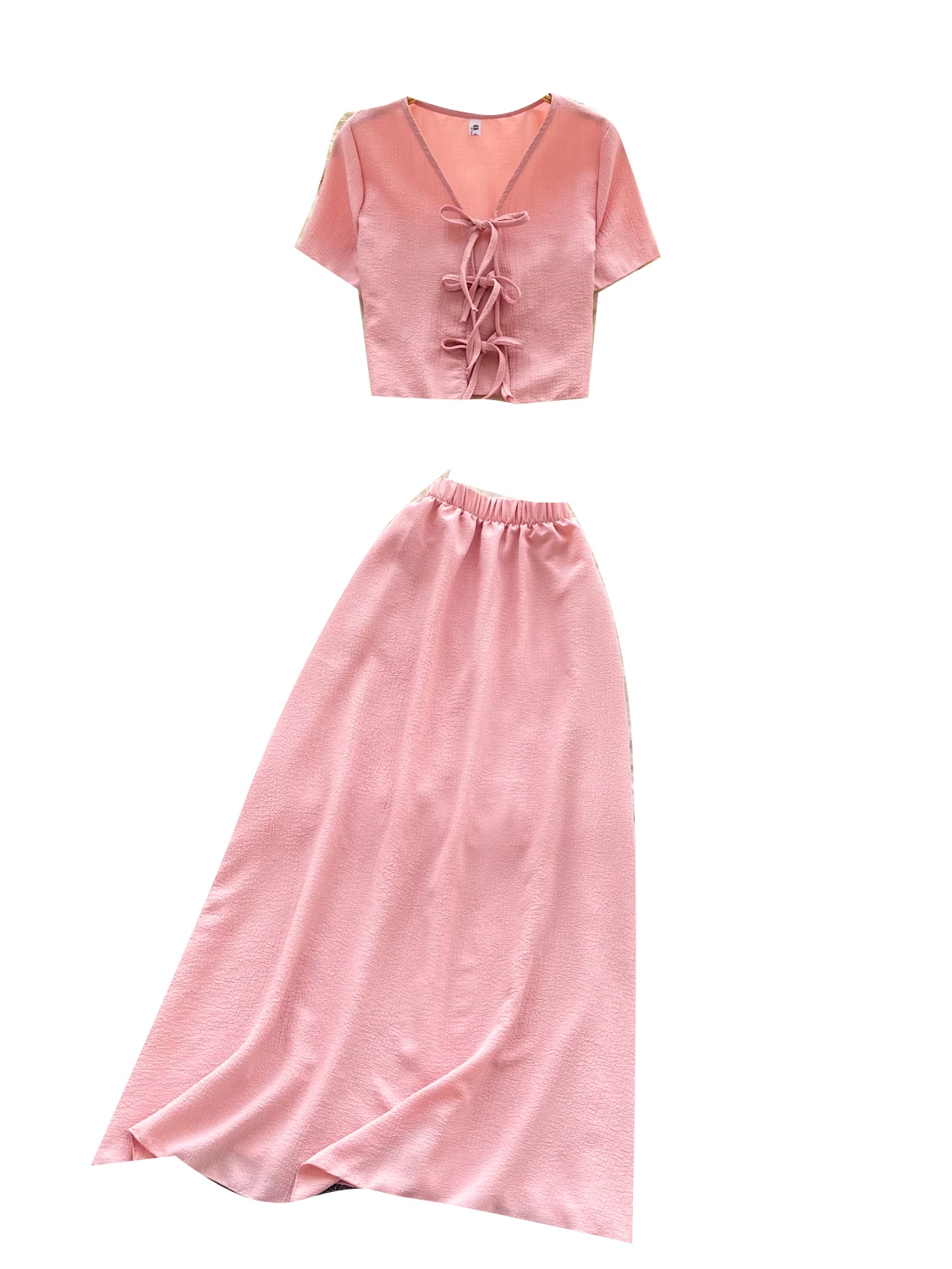 Conjunto e de dos piezas para mujer, diseño veraniego, con cinturón calado, cuello en V, manga corta y falda de ci...