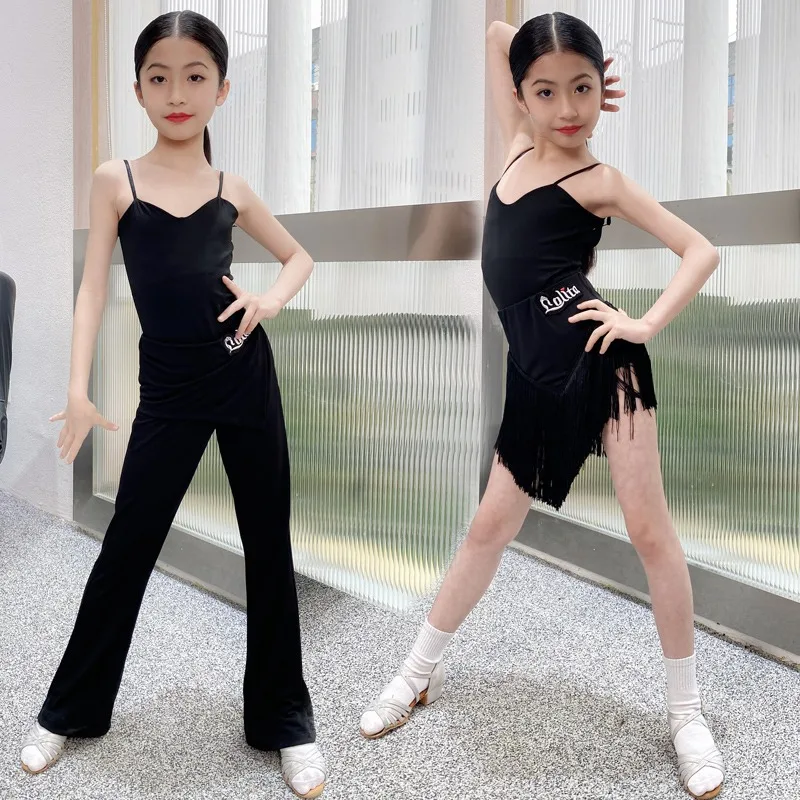 ชุดเต้นลาตินแบบสั่งตัดสำหรับเด็กผู้หญิง สายเดี่ยว กระโปรงผ่าแต่งพู่ ชุดซ้อมเต้น กางเกงขากระดิ่ง