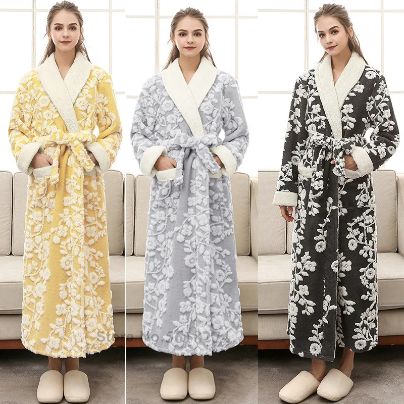 

Winter Warm Nightwear Peignoirs women Fleece Coral Bathrobe Thicken Flannel Bath Gown Sleepwear Loose Kimono with Pocket