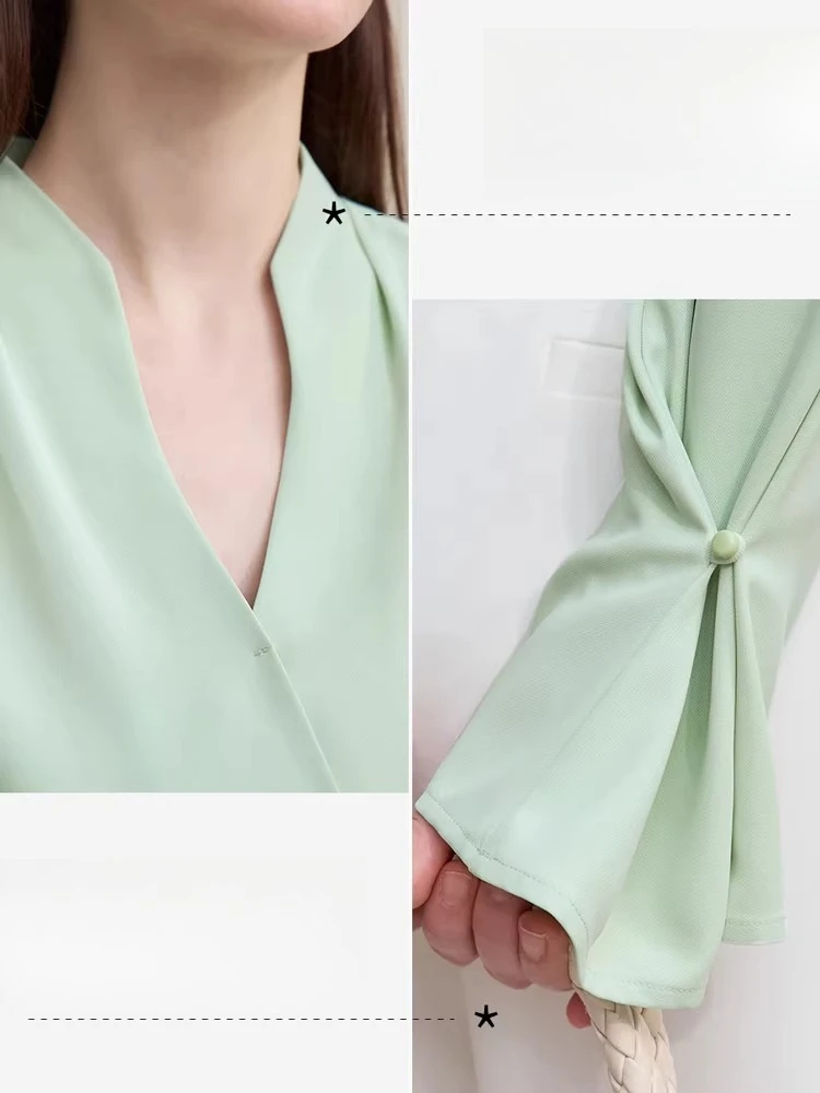 เสื้อผู้หญิง Amii รุ่น Elegant ปี 2026 คอลเลคชั่นฤดูใบไม้ผลิ คอวี แขนพลีททรงบาน ผ้าชีฟอง เสื้อทรงหลวม แขนยาว รุ่น 12641070