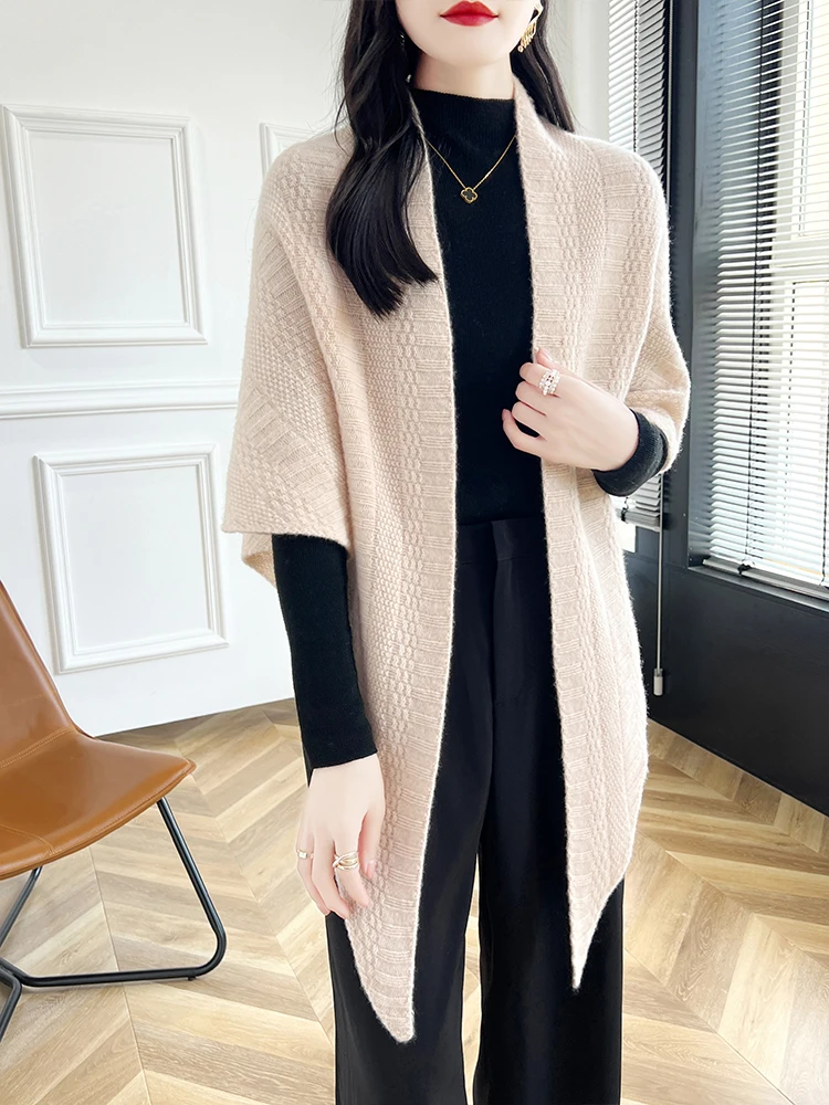 Women 100% Merino Wool Shawl Cardigan Spring Autumn Winter Soft  Pure Colour Cashmere Scarf Sweater Korean Fashion Shawl Tops