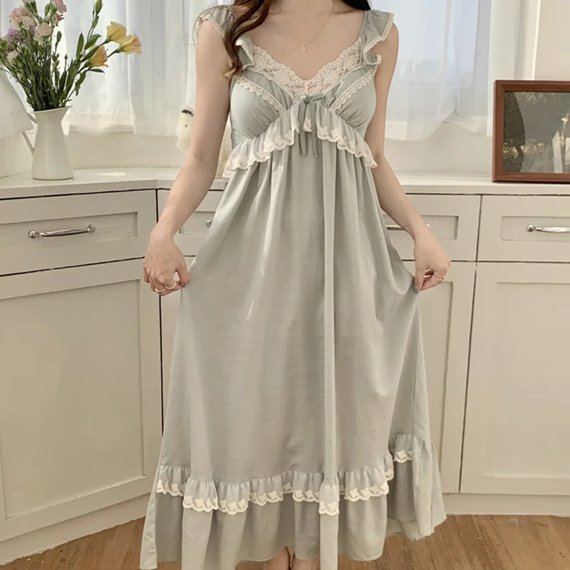 Korean Sweet Girl Lace Cotton Vintage Princess Nightdress Pajamas with Pad Fairy V-Neck Ruffles Nightgowns Victorian Sleepwear